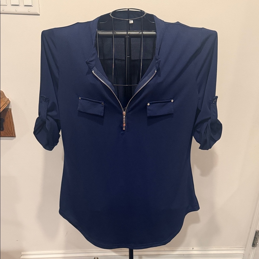 Navy Blue Women's Top with Zipper Detail
